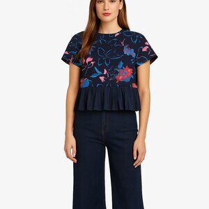 SUNO Short Sleeve Pleated Peplum Bold Floral Top In Navy